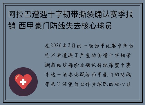 阿拉巴遭遇十字韧带撕裂确认赛季报销 西甲豪门防线失去核心球员